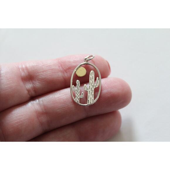 Sterling Silver Oval Cactus Pendant with Bronze Sun, Desert Cactus Charm - Picture 2 of 5